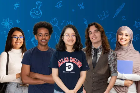 five diverse, smiling students; one student wears a Dallas College T-shirt