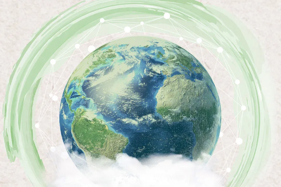 globe surrounded by a green halo and interconnected white lines and dots