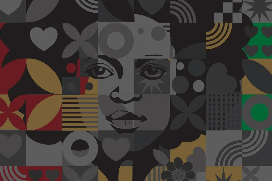 illustration of a person's face with various symbols in red, green, yellow, gray and black