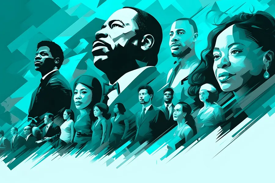 illustrations of African American people in teal, white and black