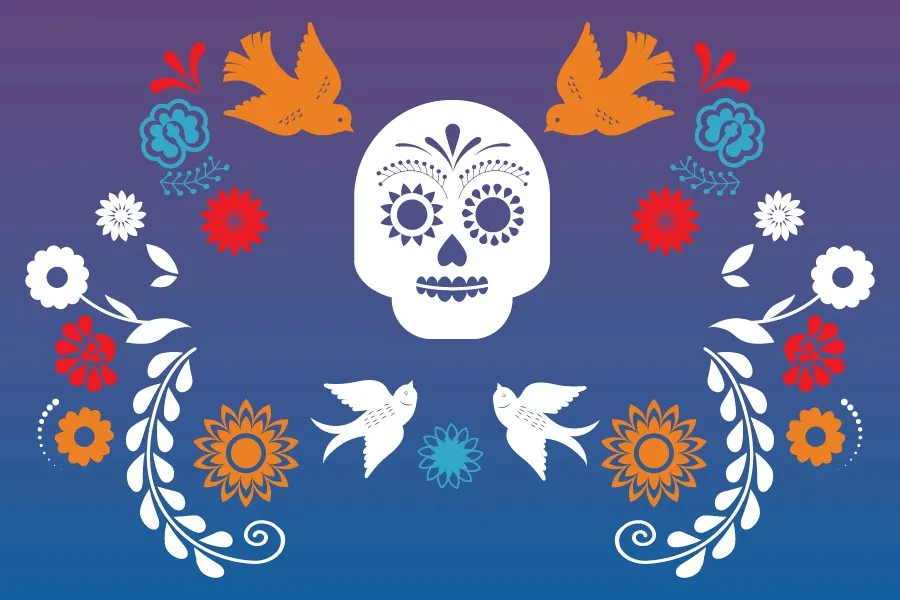 a skull surrounded by birds and flowers