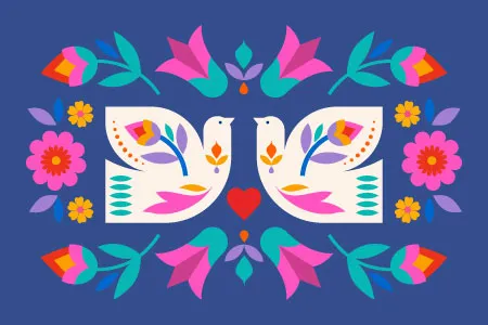 colorful graphic of two birds surrounded by flowers