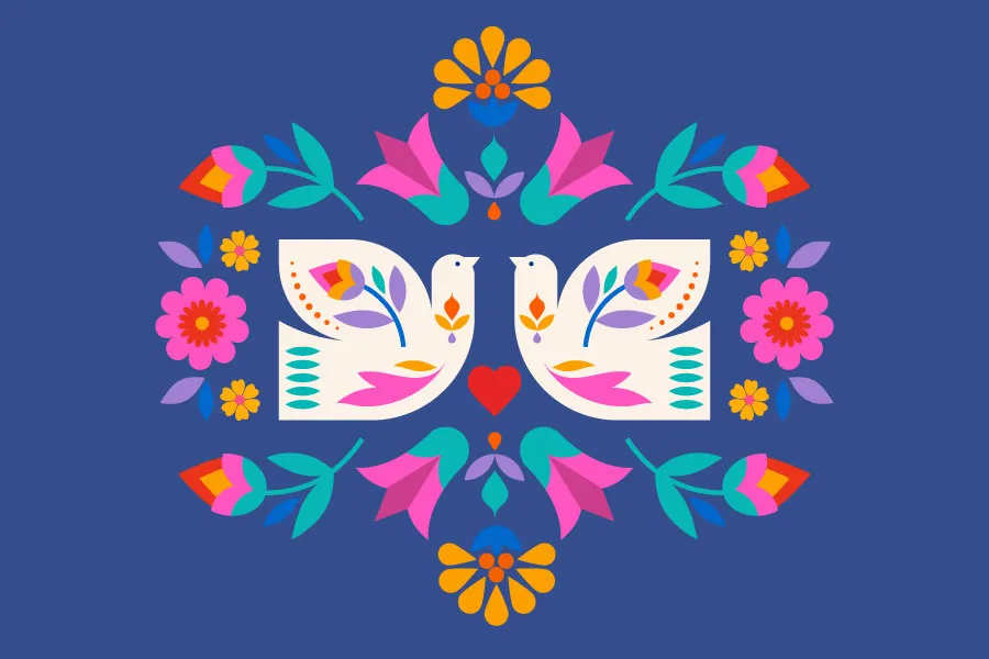 colorful graphic of two birds surrounded by flowers