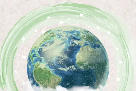 globe surrounded by a green halo and interconnected white lines and dots