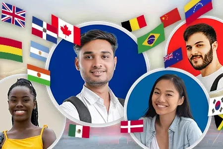 four small images of smiling students and various international flags