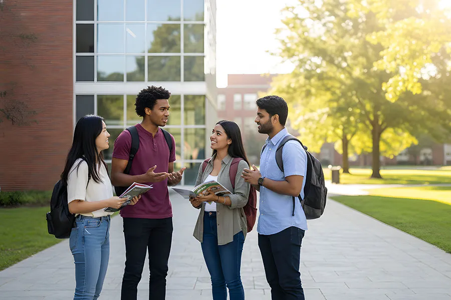 four diverse students stand outside a campus building on a sunny day