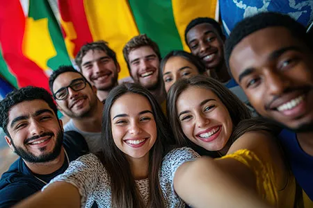 a large, diverse group of students take a selfie in front of flags