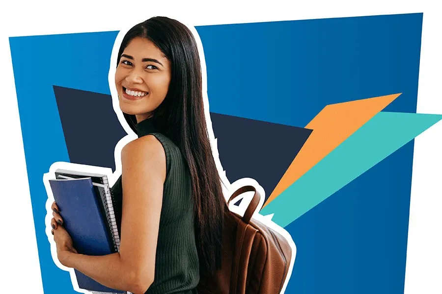 a smiling young woman is wearing a backpack and holding some notebooks