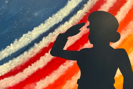 silhouette of a female service member saluting against a red, white and blue-striped background