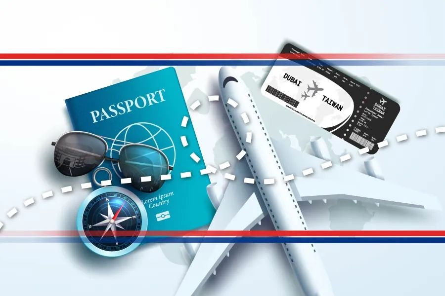 Travel-themed image with passport, sunglasses, compass, and airplane ticket.