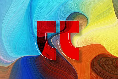 red quotation marks surrounded by a swirl of different colors