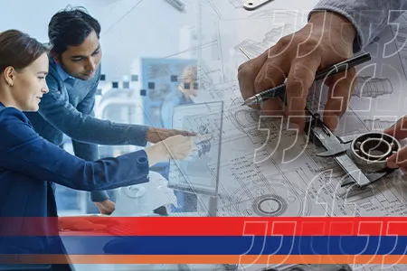 two people pointing to an image on a computer screen and a close-up of a person's hands over a schematic drawing