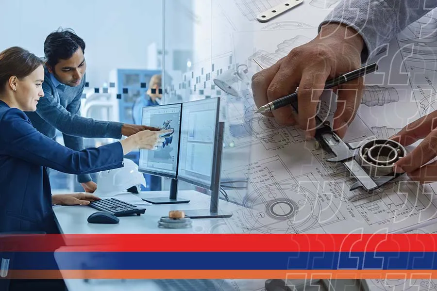 two people pointing to an image on a computer screen and a close-up of a person's hands over a schematic drawing