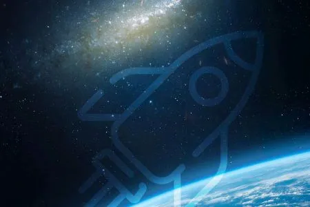 outline of a rocket ship against an image of the night sky