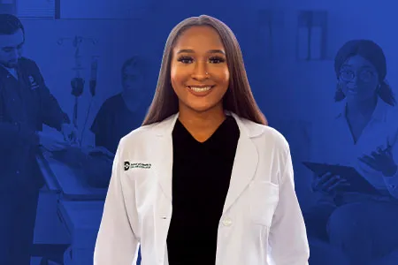 a young woman wears a white lab coat with a Dallas College logo