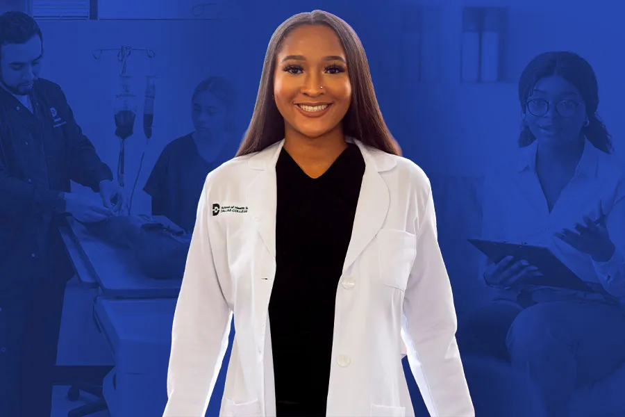 a young woman wears a white lab coat with a Dallas College logo