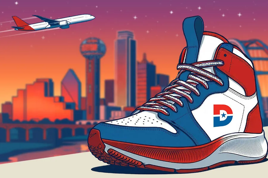a sneaker with the Dallas College logo sits in front of the Dallas skyline with a plane flying overhead