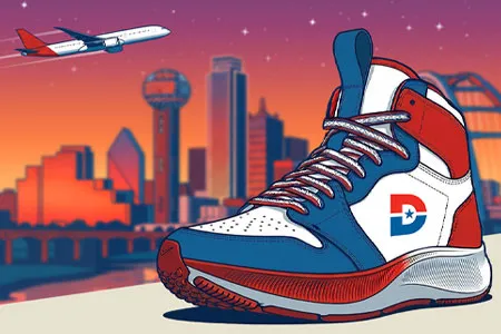 a sneaker with the Dallas College logo sits in front of the Dallas skyline with a plane flying overhead