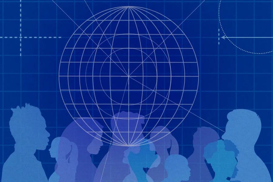 blue abstract graphic of silhouettes of people connected by lines