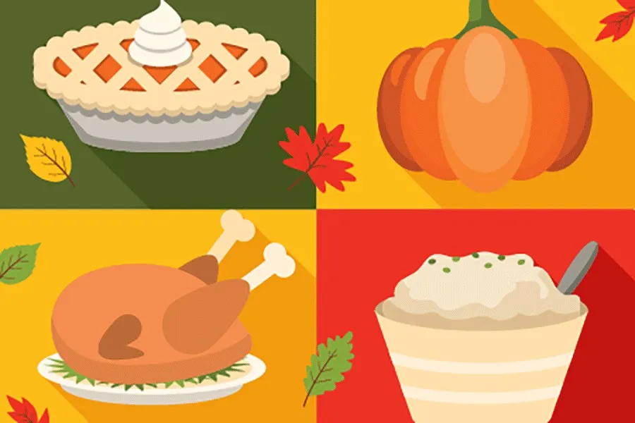a pie, a pumpkin, a turkey, mashed potatoes