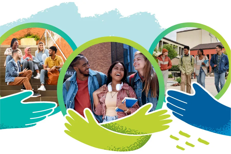 three groups of smiling students