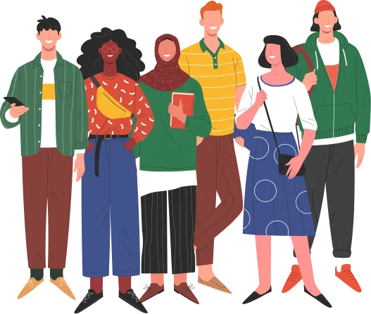 Illustration of a group of students holding books and backpacks