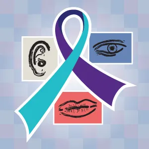 A teal and purple ribbon between an illustration of an ear, eye and mouth