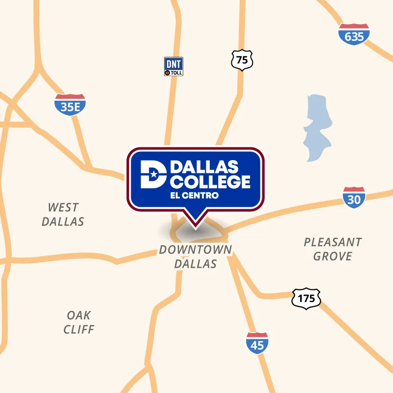A map showing the location of El Centro's campus in downtown Dallas