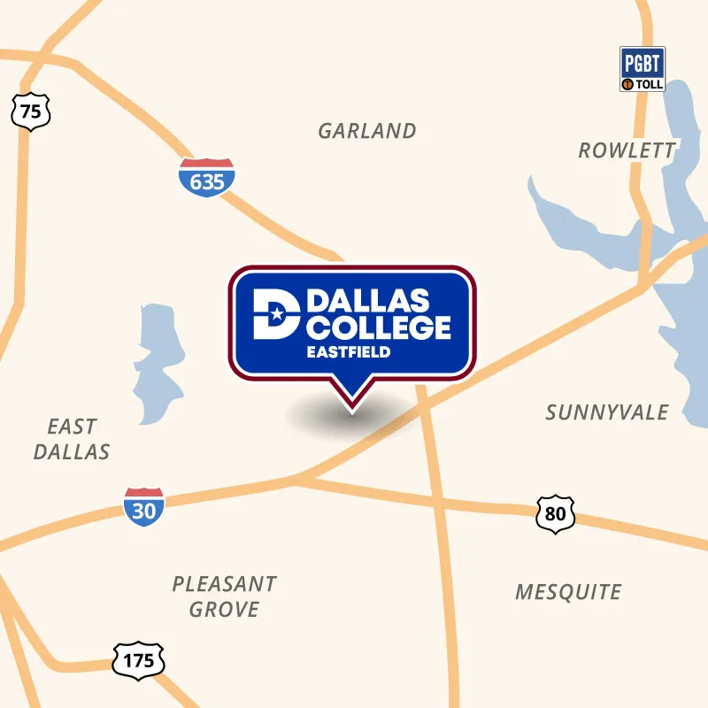 A map shows the location of Eastfield near the intersection of I-30 and I-635