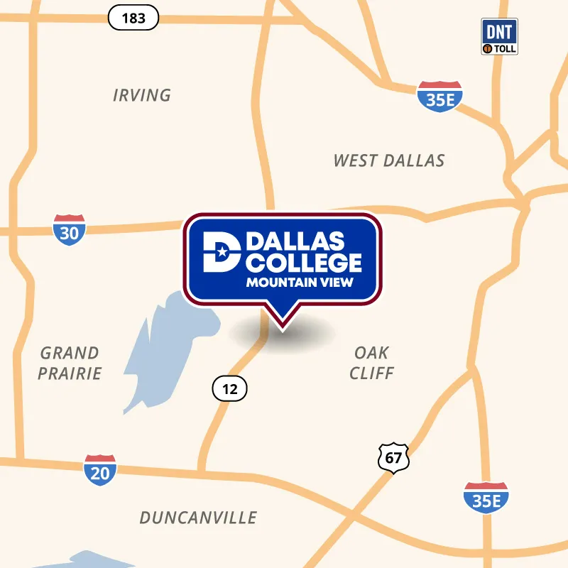 A map showing Mountain View's campus between I-30 and I-20