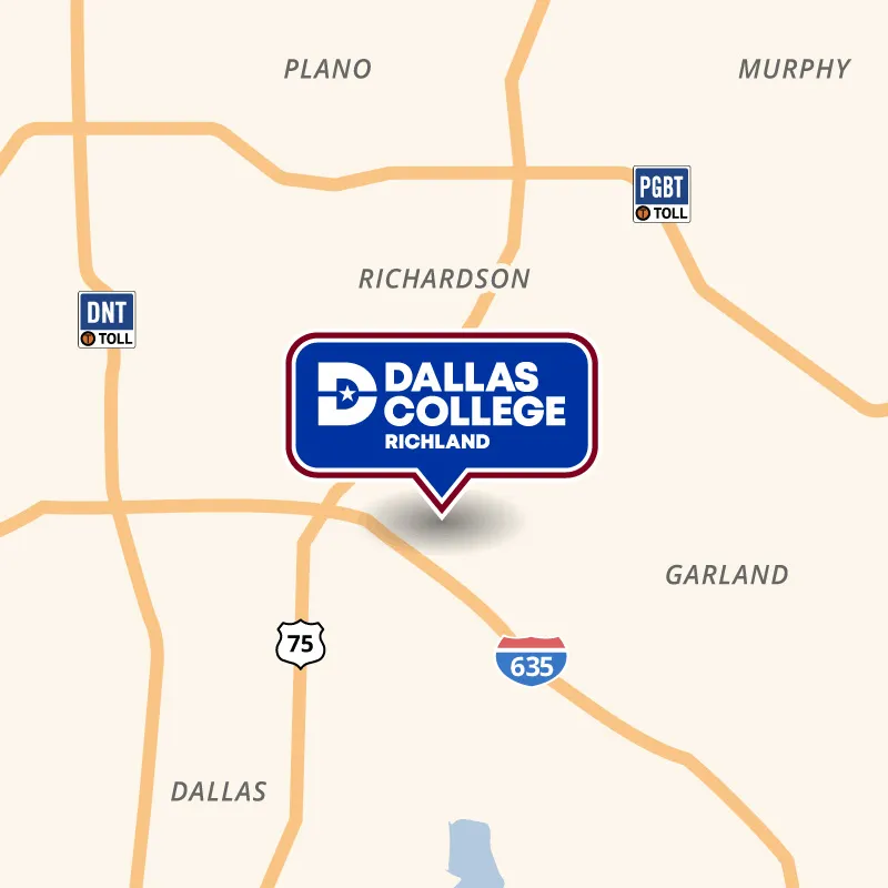 A map showing Richland's campus near I-635 and US 75