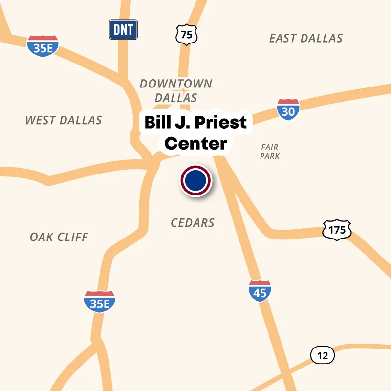 A map showing the location of the Bill J Priest Center, just south of downtown Dallas