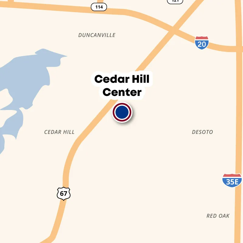 Map showing the location of the Cedar Hill Center, east of Hwy 67 and south of I-20