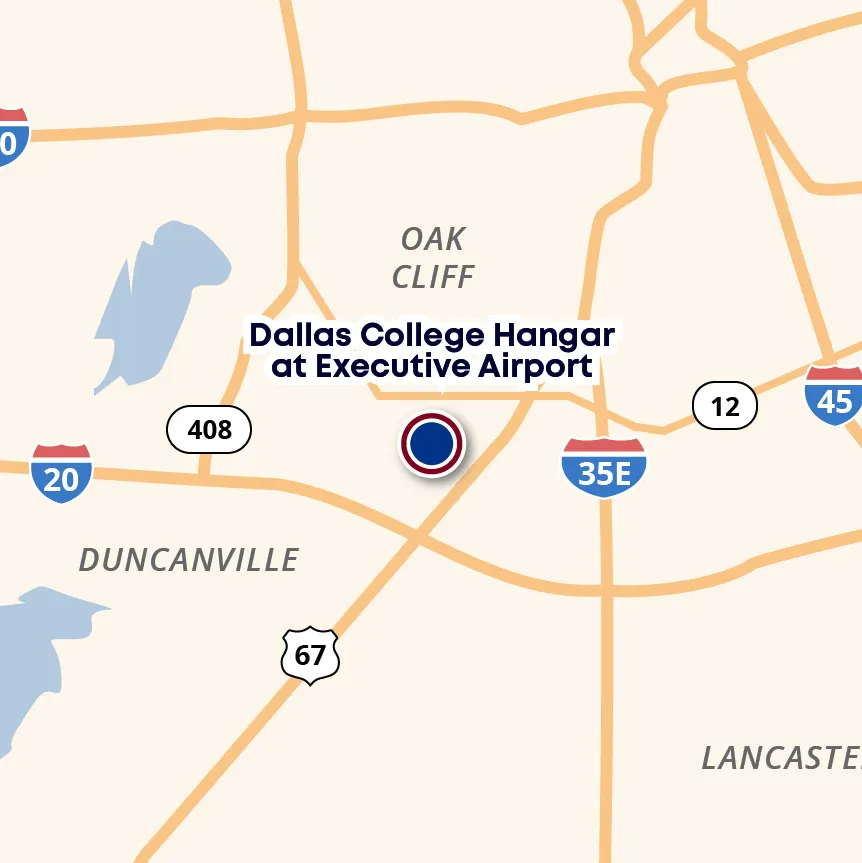 Aerospace and Aviation Hangar at Dallas Executive Airport map showing the location at the intersection of Loop 12 and Hwy 67