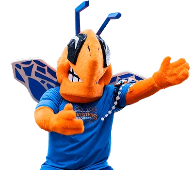 The Eastfield Bee mascot pumps his fists