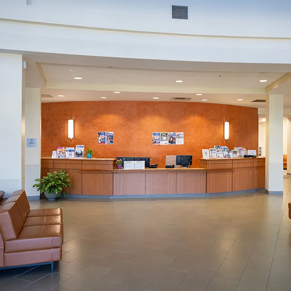 The lobby and welcome desk at the Pleasant Grove Center