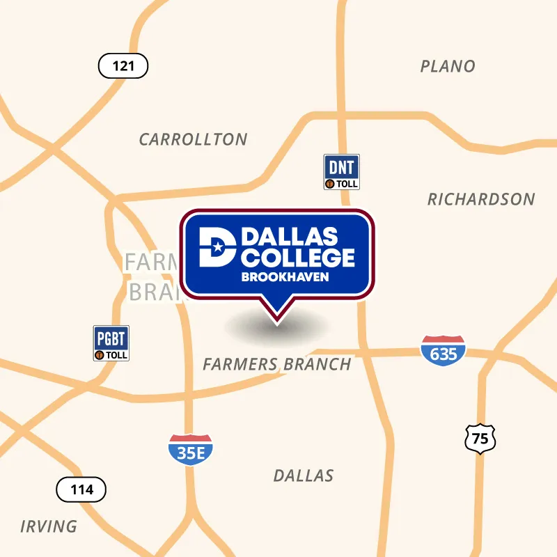 A map showing Brookhaven's campus near I-635 and the Dallas North Tollway