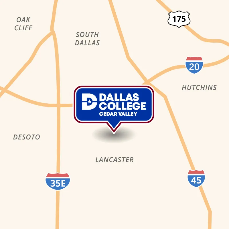 A map showing the location of Cedar Valley's campus near I-20