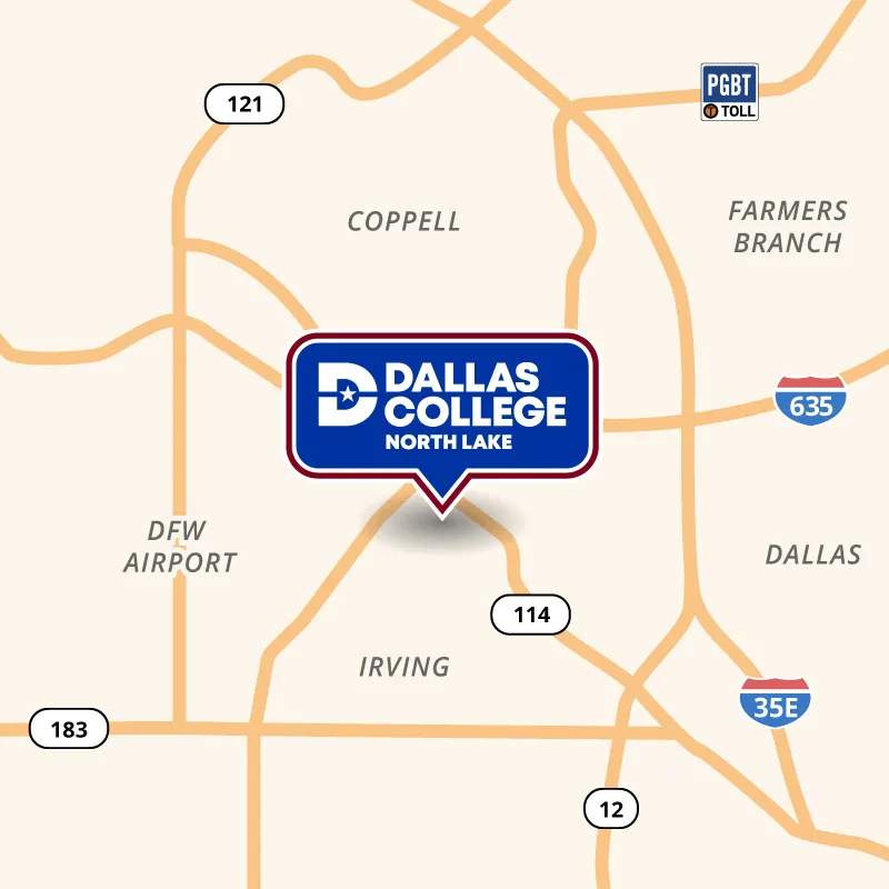 A map showing North Lake's campus in Irving, near Hwy 114