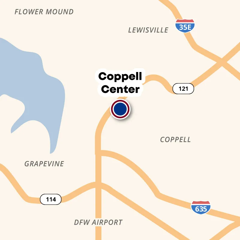 Map showing the location of the Coppell Center on 121 in Coppell
