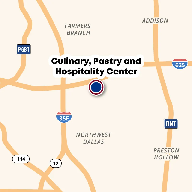 A map showing the Culinary, Pastry and Hospitality Center near I-635 and I-35E