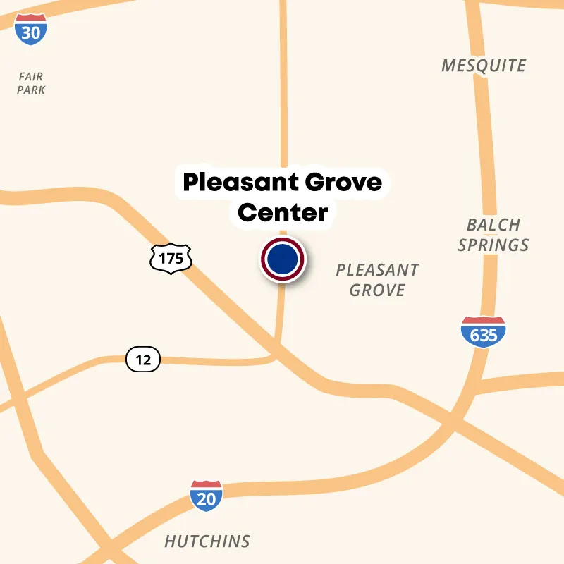 Map showing the location of the Pleasant Grove Center on Loop 12 (Buckner), just north of US 175