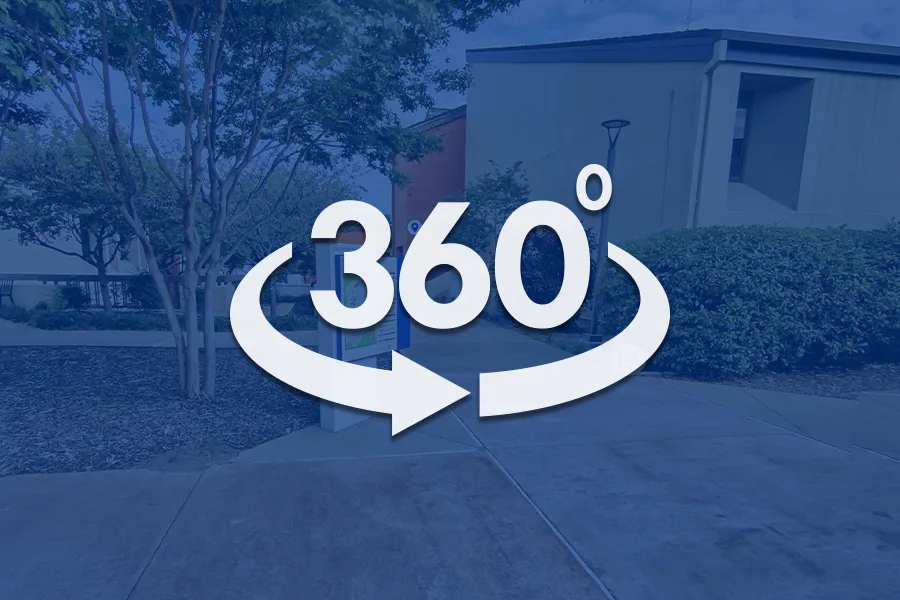 An image of Eastfield's campus map with 360 degrees overlayed on top of it