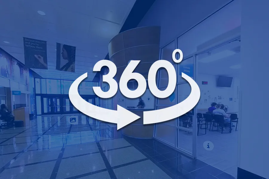 Students stand on the sidewalk outside El Centro and 360-degrees is overlayed on top of the image