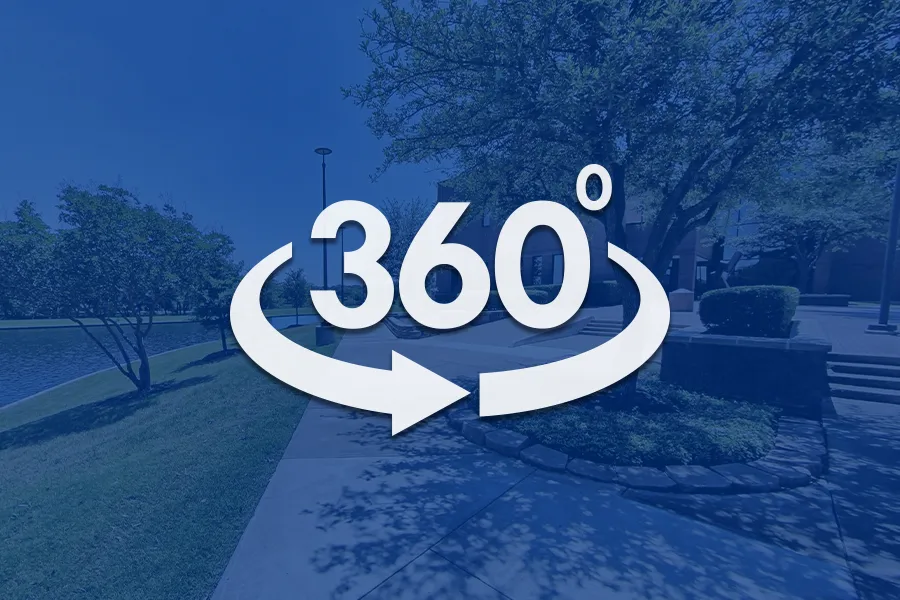 An image of North Lake's circle and library with the text 360 degrees overlayed over the image