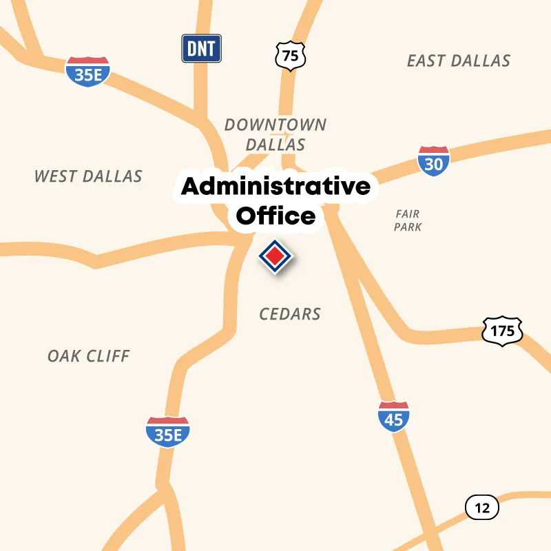 A map showing the location of the Admin Office just south of downtown