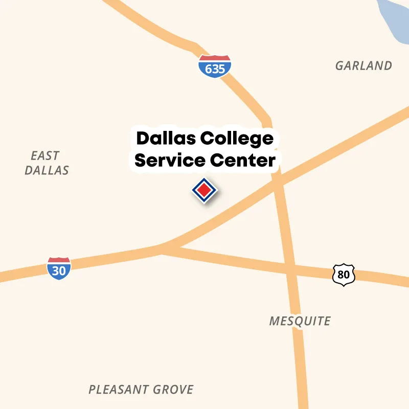 Map showing the location of the Service Center on I-30, near the intersection of I-30 and 635 and I-30 and Hwy 80