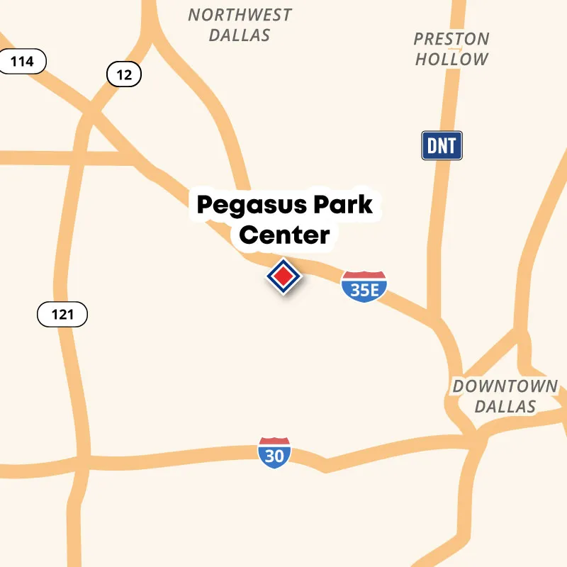 Map showing the location of Pegasus Park, north of downtown on I-35