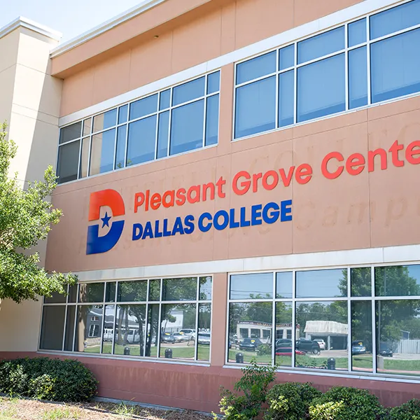 The front of the Pleasant Gove center with signage reading Pleasant Grove Center Dallas College