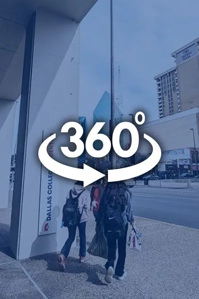 Students stand on the sidewalk outside El Centro and 360-degrees is overlayed on top of the image